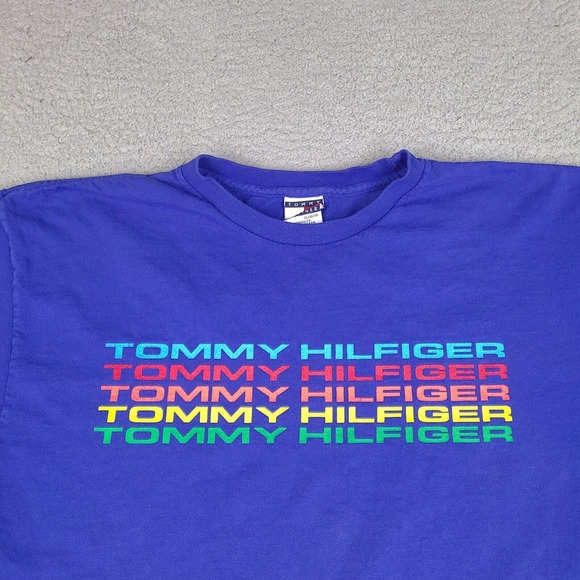 Vintage Tommy Hilfiger T-Shirt Adult XL Blue Made in USA Colorful Spell Out - Picture 2 of 11